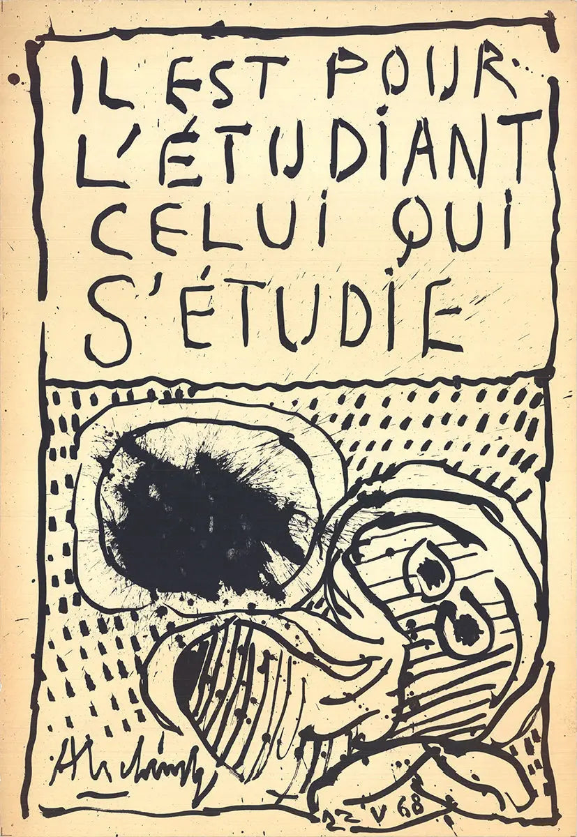 Pierre Alechinsky 1968 lithograph poster featuring abstract artwork titled "He is for the Student" displayed on a wall.