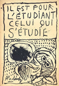 Pierre Alechinsky 1968 lithograph poster featuring abstract artwork titled "He is for the Student" displayed on a wall.