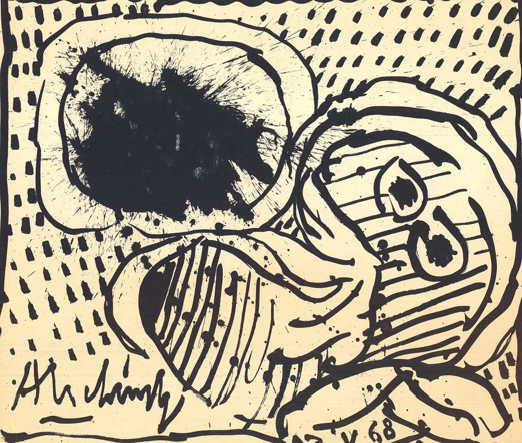 Pierre Alechinsky 1968 lithograph poster titled "He is for the Student" featuring abstract artwork on paper.