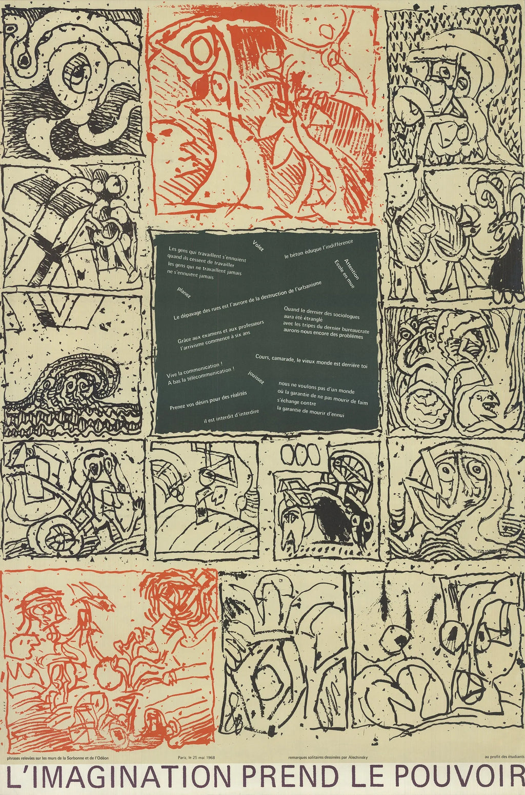 Original lithograph poster by Pierre Alechinsky from 1968 titled "L'imagination Prend Le Pouvoir," featuring colorful abstract artwork.