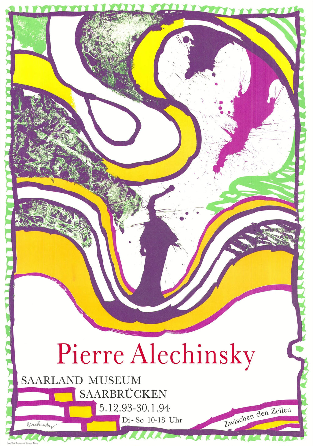 Signed Pierre Alechinsky lithograph poster titled "Zwischen Den Zeilen," created in 1994, featuring abstract artistic designs.