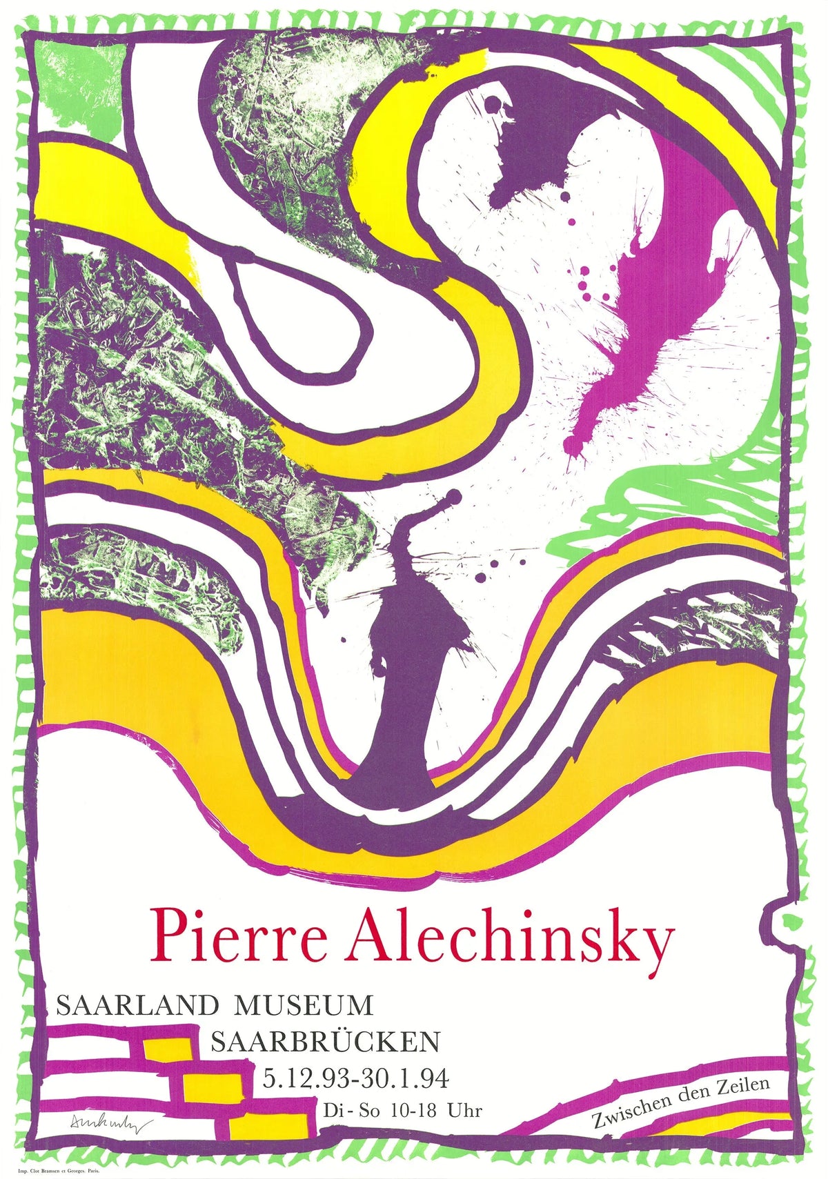 Signed Pierre Alechinsky lithograph poster titled "Zwischen Den Zeilen," created in 1994, featuring abstract artistic designs.