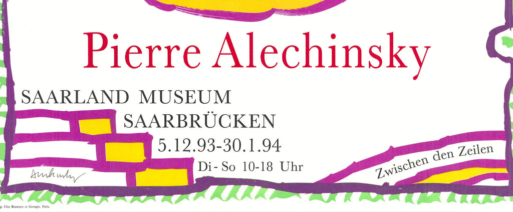 Signed Pierre Alechinsky lithograph poster titled "Zwischen Den Zeilen" from 1994, featuring abstract artwork on paper.