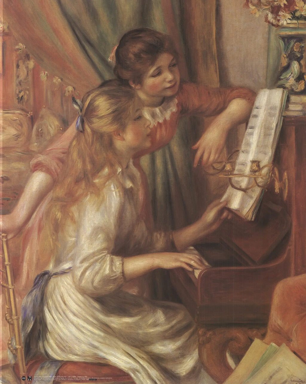 Large Pierre-Auguste Renoir Jeunes Filles Au Piano exhibition poster featuring a vibrant impressionist painting of young girls at a piano.