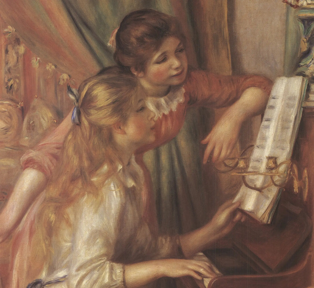 Large exhibition poster of Pierre-Auguste Renoir's Jeunes Filles Au Piano, showcasing a vibrant impressionist painting of young girls at a piano.