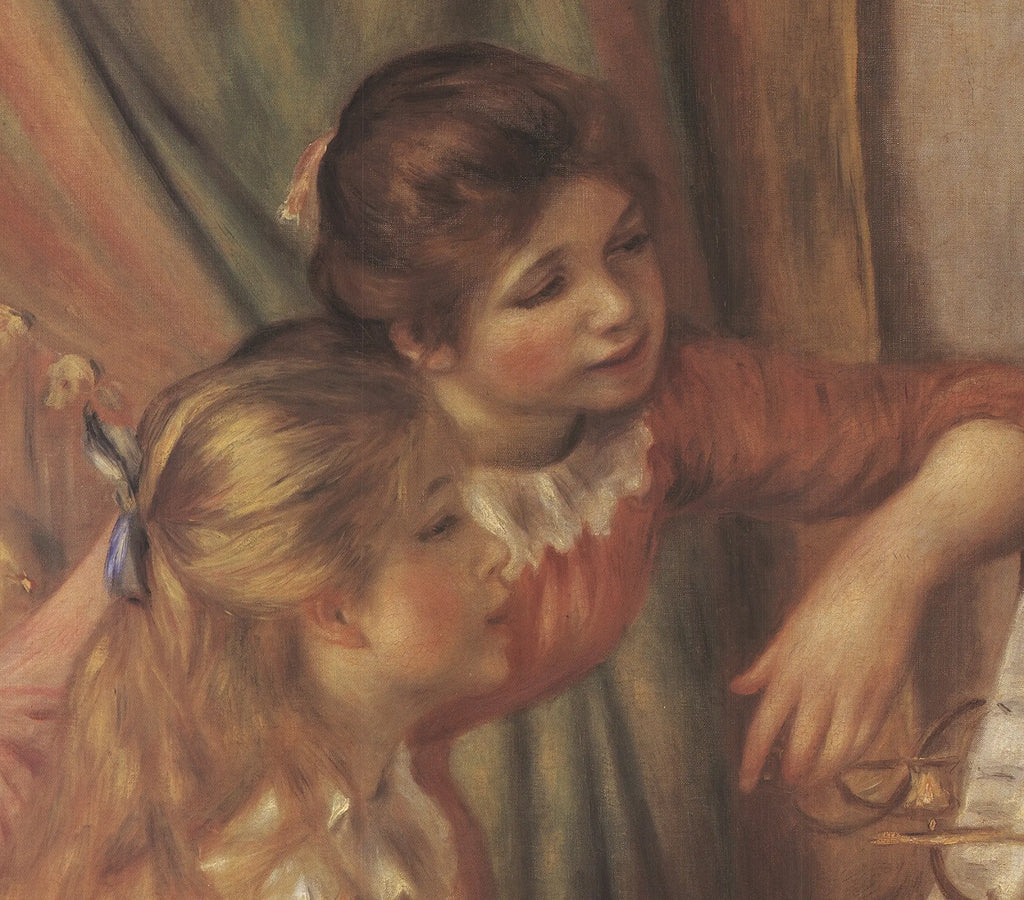 Large Pierre-Auguste Renoir Jeunes Filles Au Piano exhibition poster featuring a vibrant painting of young girls at a piano.