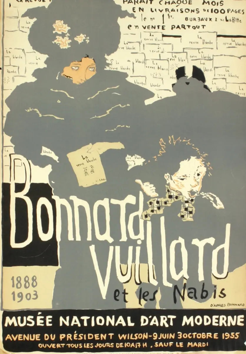 Pierre Bonnard lithograph poster from 1955 Musée National d’Art Moderne exhibition, featuring colorful abstract artwork.