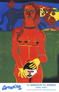 Large Pierre Corneille La Sensualite du Sensible 1985 serigraph exhibition poster showing vibrant abstract artwork and bold typography.