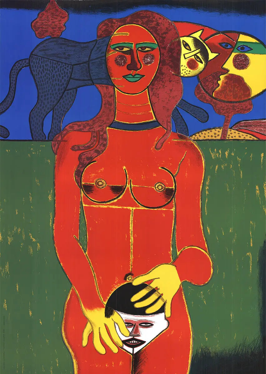 Large Pierre Corneille La Sensualite du Sensible 1985 serigraph exhibition poster featuring abstract artwork and bold colors.