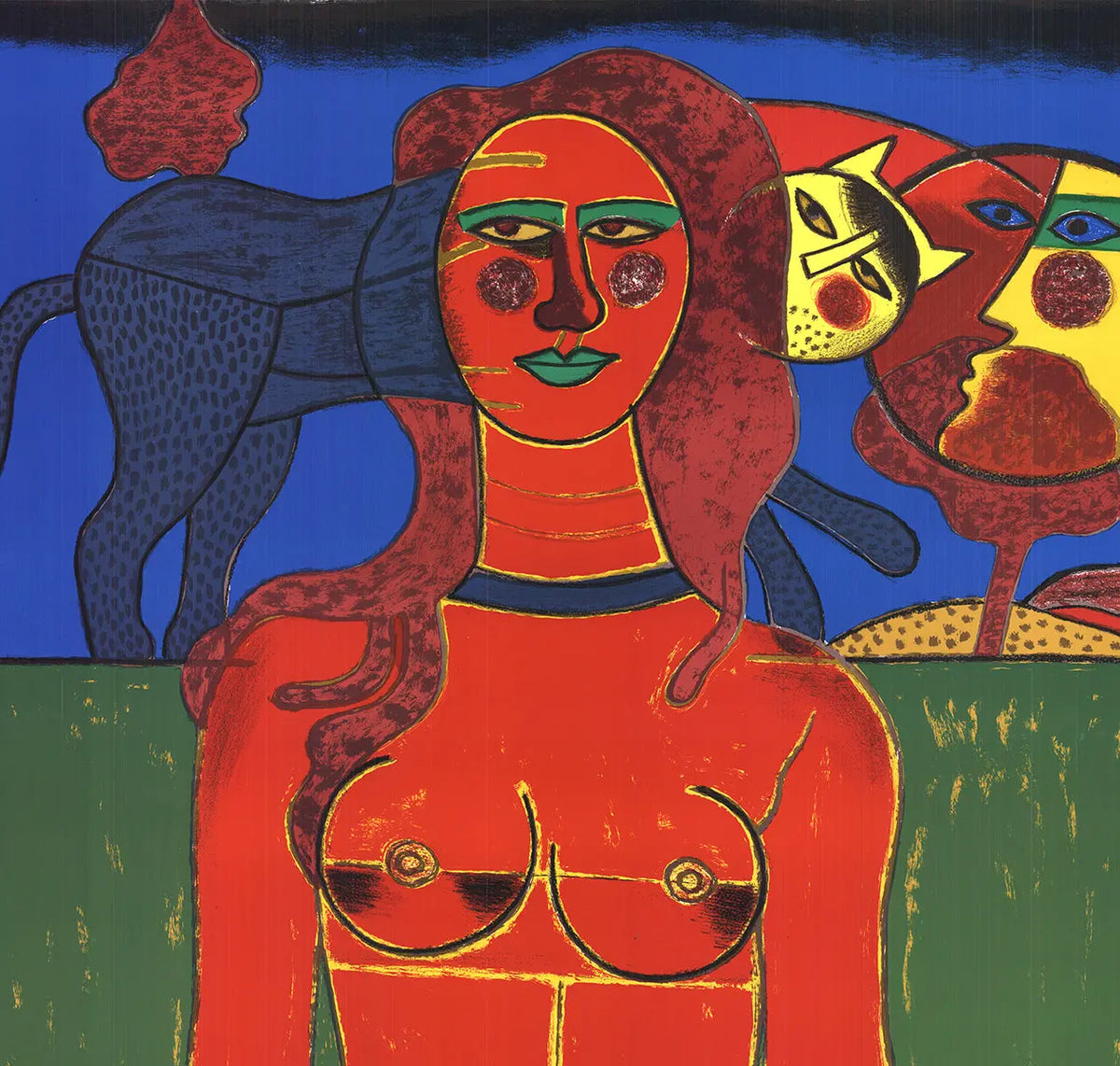 Large Pierre Corneille La Sensualite du Sensible 1985 serigraph exhibition poster with vibrant colors and detailed artwork.