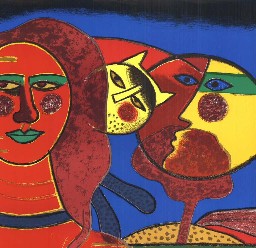 Large Pierre Corneille La Sensualite du Sensible 1985 serigraph exhibition poster showcasing vibrant colors and artistic design.