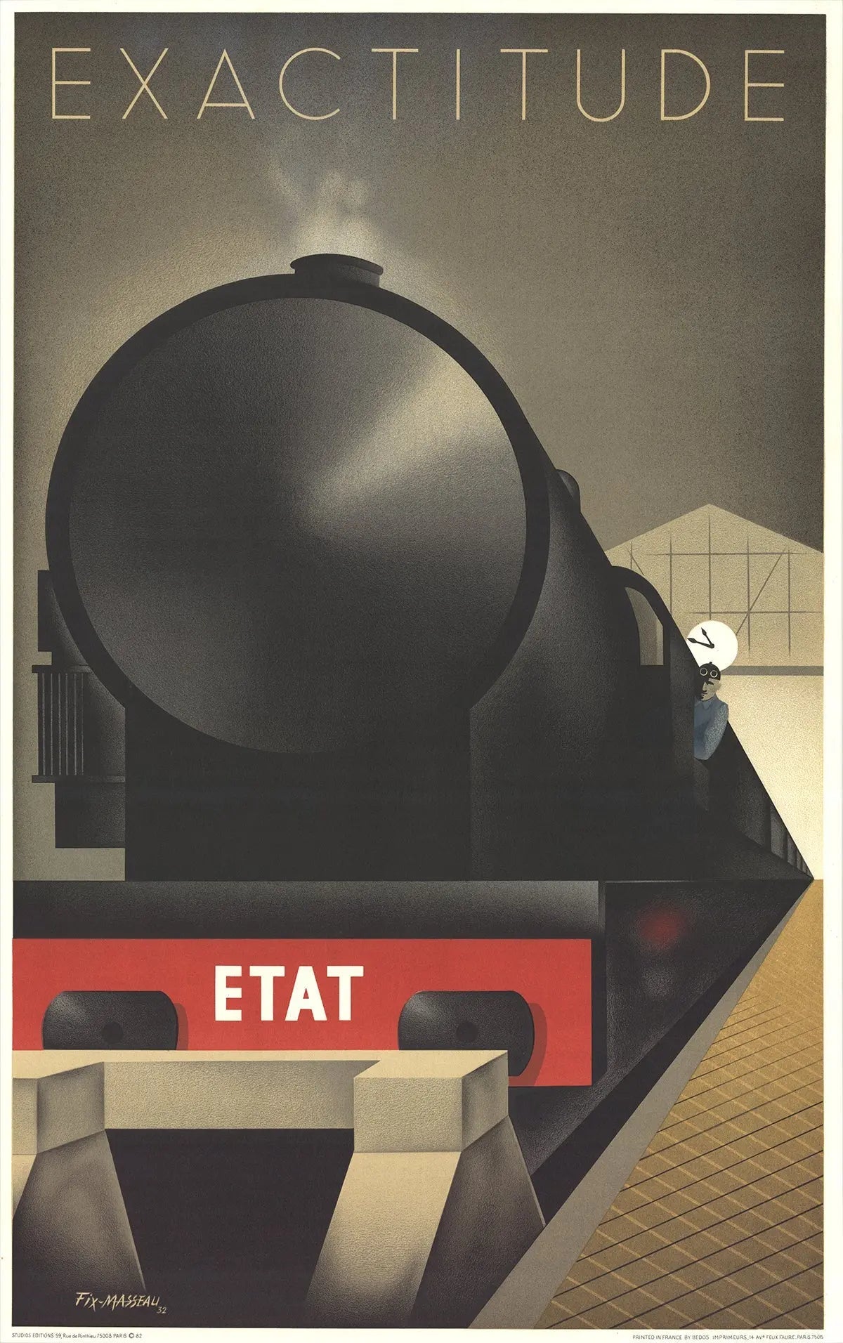 Art Deco French railway lithograph poster by Pierre Fix-Masseau, titled Exactitude 1982, featuring vintage train and station scene.