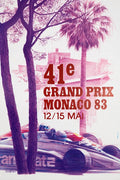 Vintage 1983 Monaco Grand Prix Formula One poster by Pierre Lecomte showing race cars on the Monaco circuit.