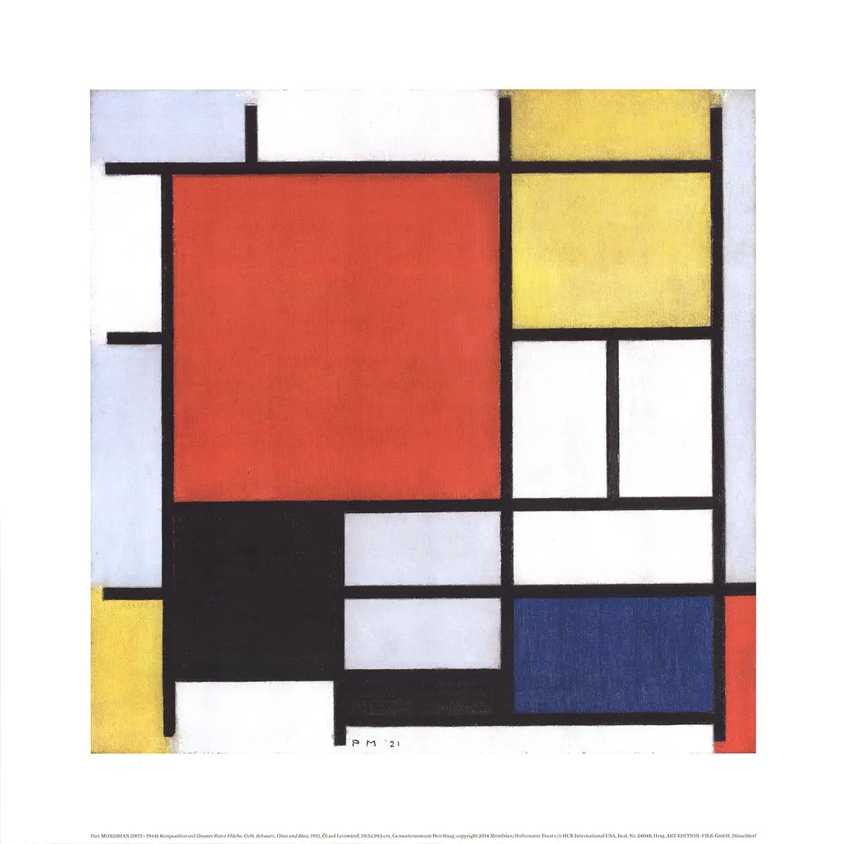 Abstract poster print of Piet Mondrian's Composition with Large Red Area featuring bold geometric shapes and primary colors.