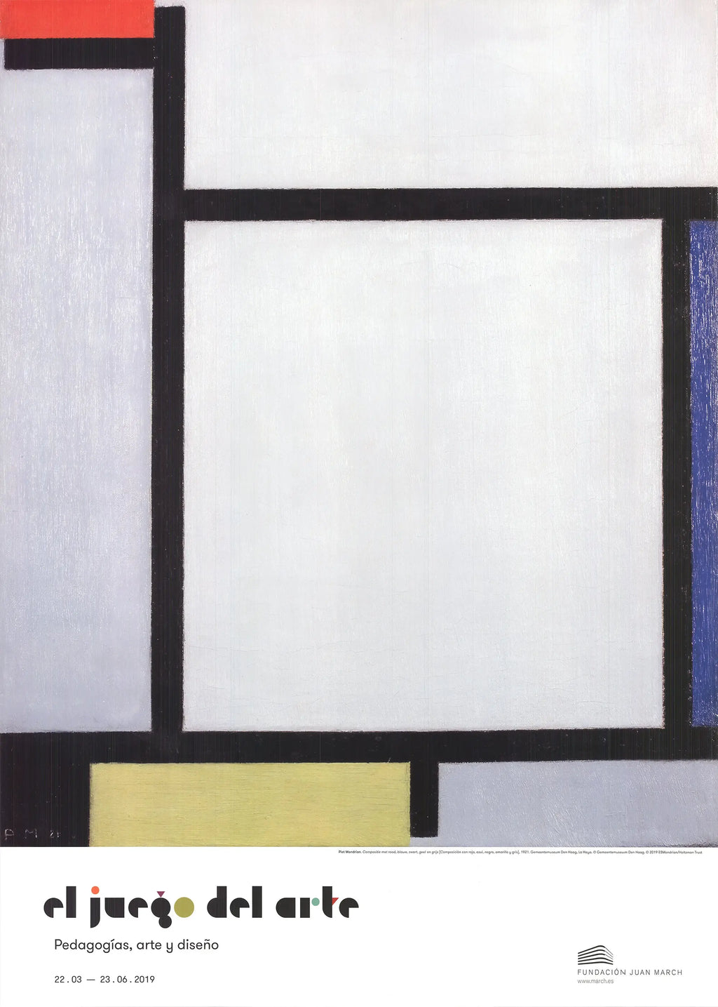 Abstract art poster featuring Piet Mondrian's Composition with red, blue, yellow geometric shapes on white background.
