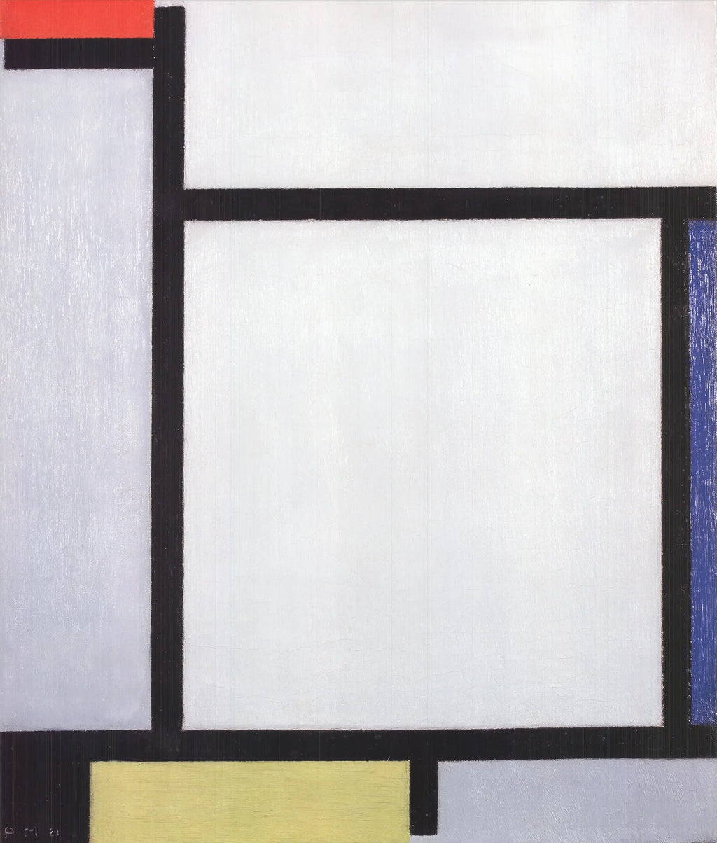 Piet Mondrian abstract art poster featuring geometric red, blue, and yellow shapes on a white background.