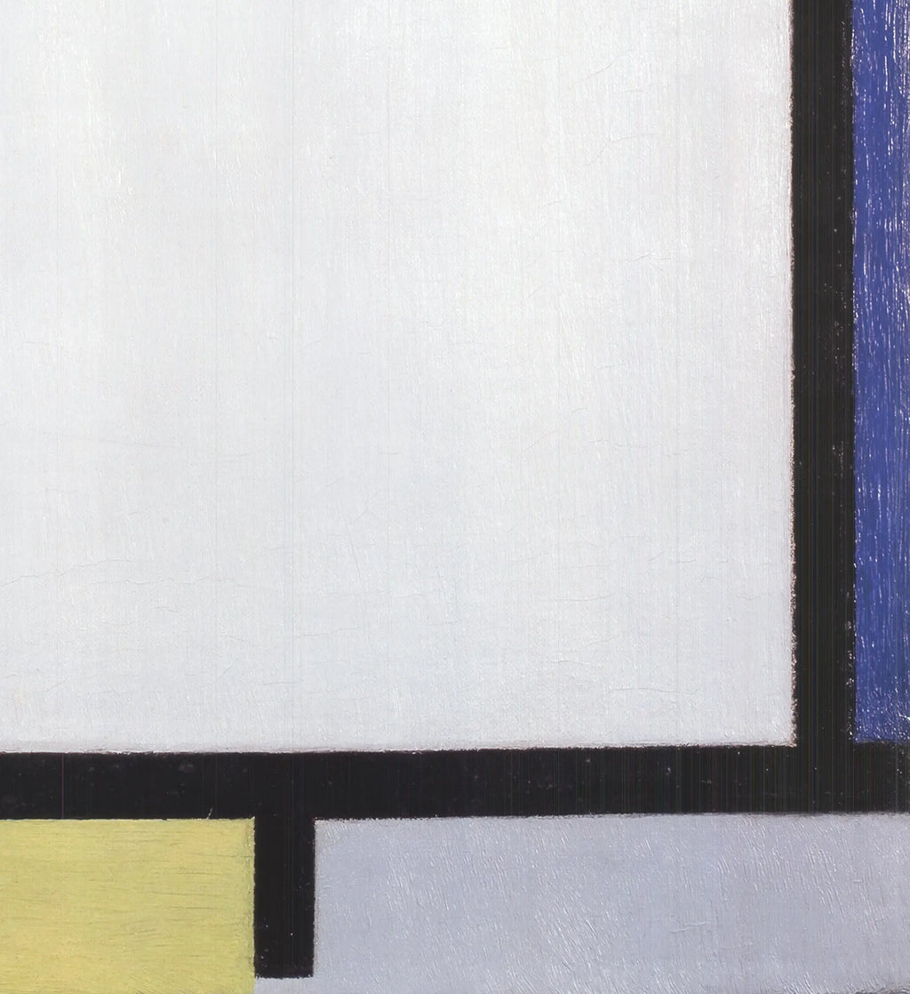 Piet Mondrian abstract art poster featuring bold red, blue, and yellow geometric shapes in a modern composition.