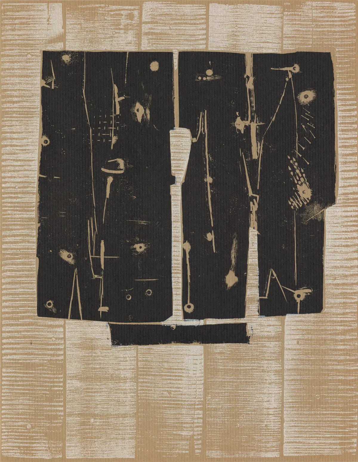 Abstract lithograph by Pietro Consagra, featuring layered modernist design from the 1959 exhibition poster.