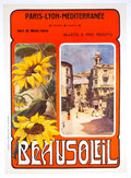 Vintage PLM French Railway travel poster featuring Beausoleil in Art Nouveau style, showcasing colorful seaside scenery and train travel.