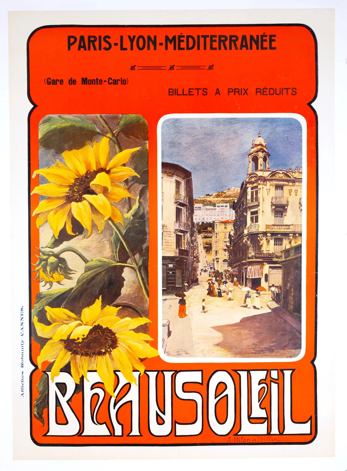 Vintage PLM French Railway travel poster featuring Beausoleil in Art Nouveau style, showcasing colorful seaside scenery and train travel.