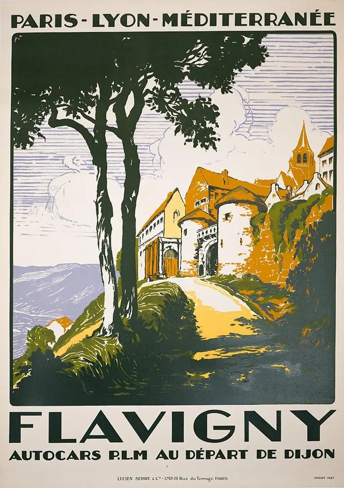 Original 1927 Flavigny French Railway travel poster by Julien Lacaze, showcasing vintage railway travel imagery and design.