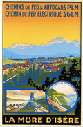 Vintage 1928 PLM French travel poster featuring La Mure d’Isère with scenic mountain views and classic railway illustration.