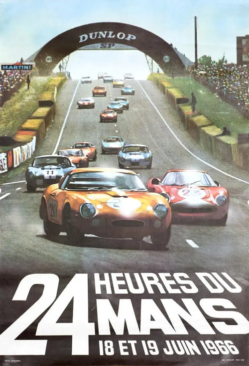 Vintage 1966 Le Mans 24 Hours race poster by André Delourmel, featuring classic racing cars and event details.
