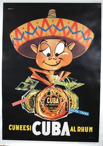 Original 1950 Cuneesi Rhum Chocolate Italian lithograph poster featuring vintage artwork by Silvestri, showcasing classic Italian design.