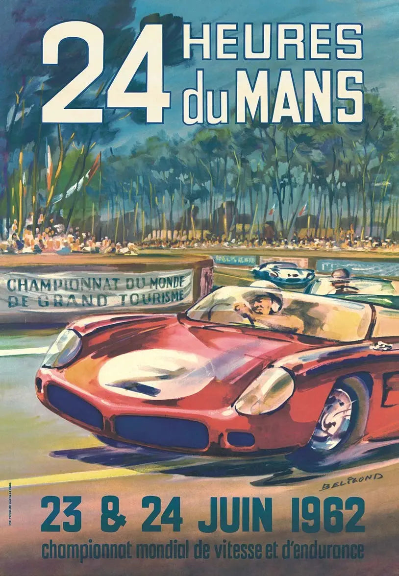 Vintage 1962 Le Mans Race poster by Beligond, featuring classic race cars and bold event graphics in vibrant colors.