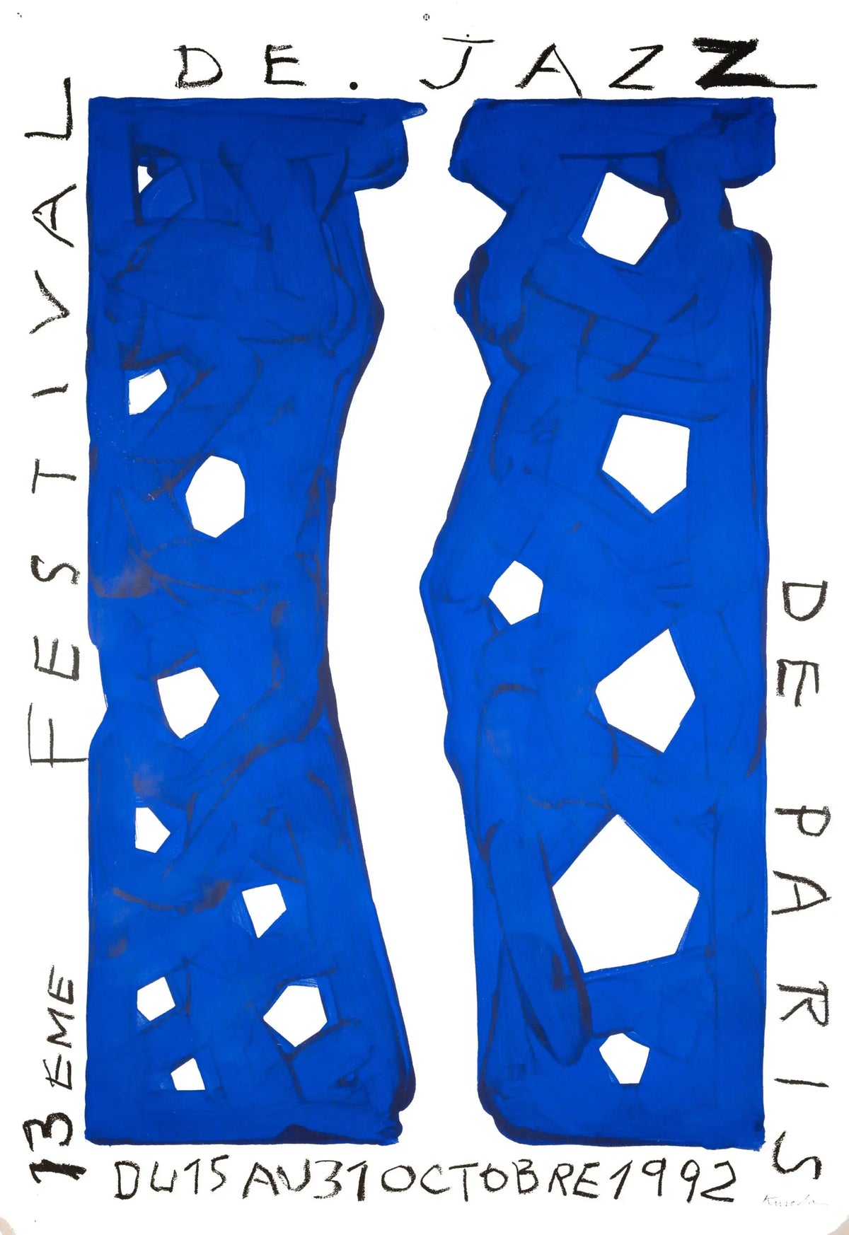 Original 1992 Paris Jazz Festival Aki Kuroda serigraph poster, vibrant artwork showcasing jazz festival scene.