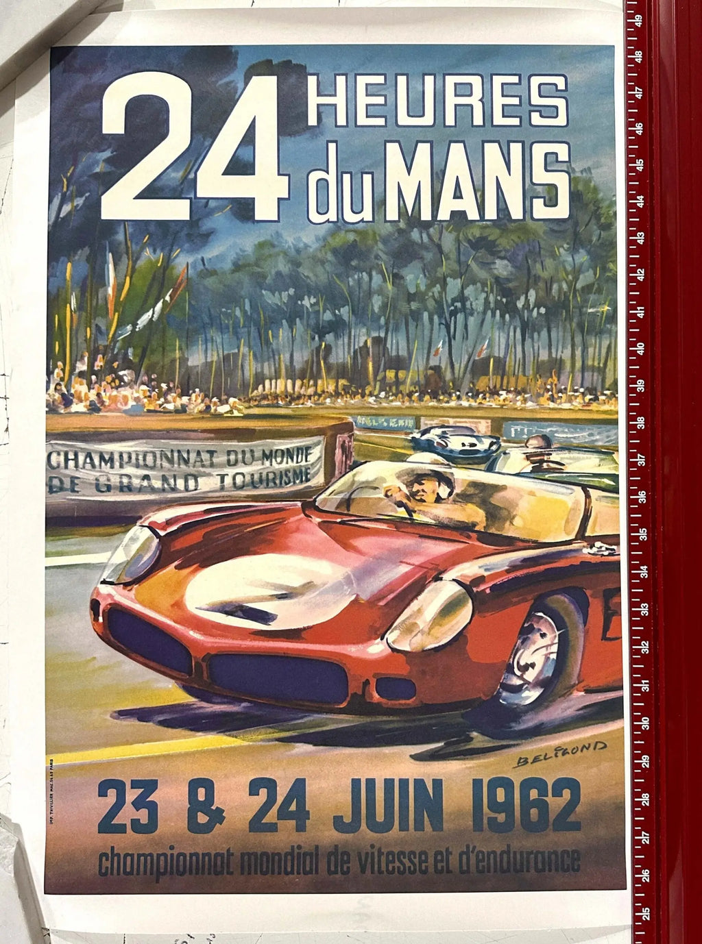 Vintage 1962 24 Hours of Le Mans linen poster by Poster France, featuring classic motorsport racing imagery and event details.