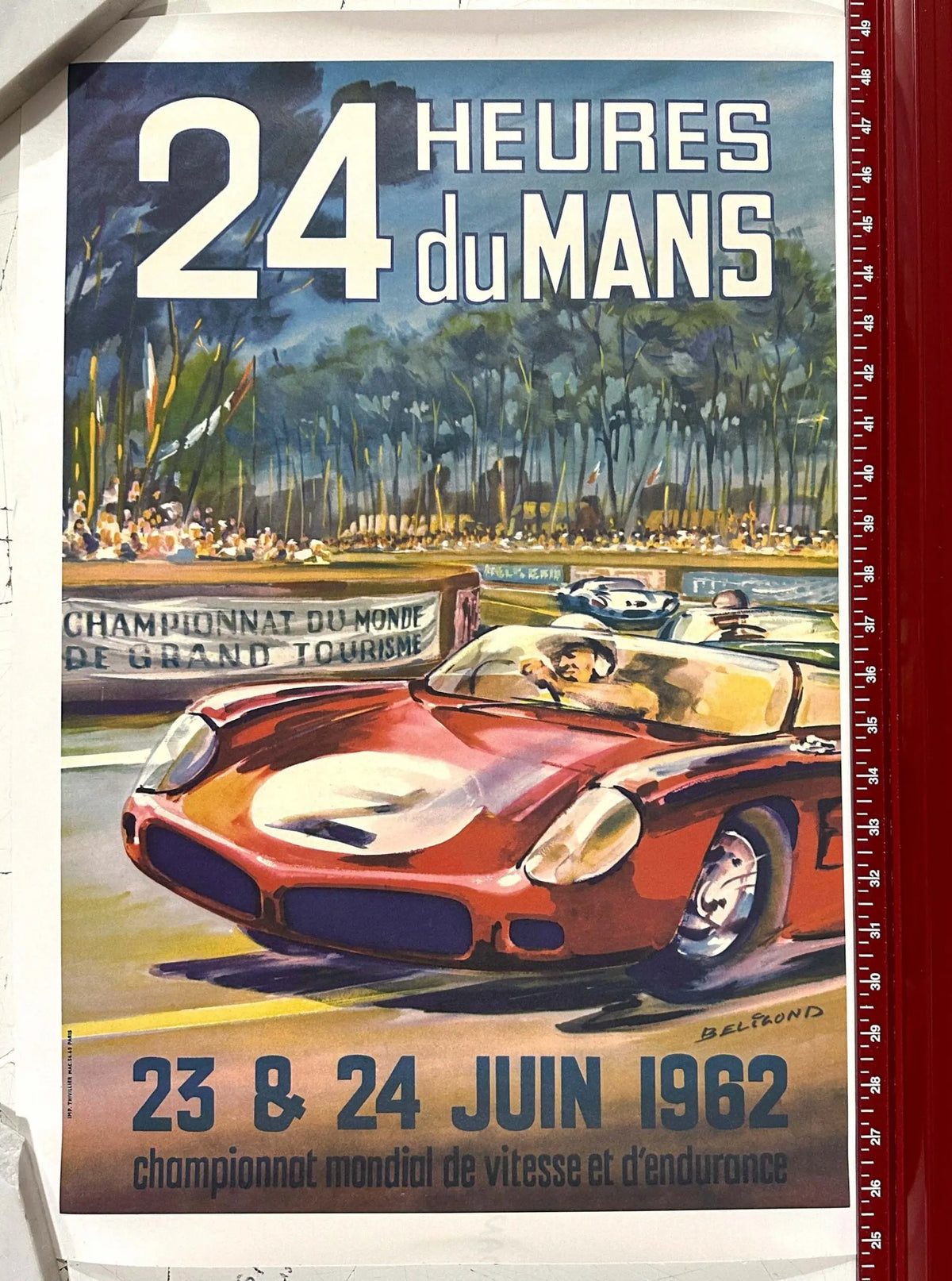 Vintage 1962 24 Hours of Le Mans linen poster by Poster France, featuring classic motorsport racing imagery and event details.