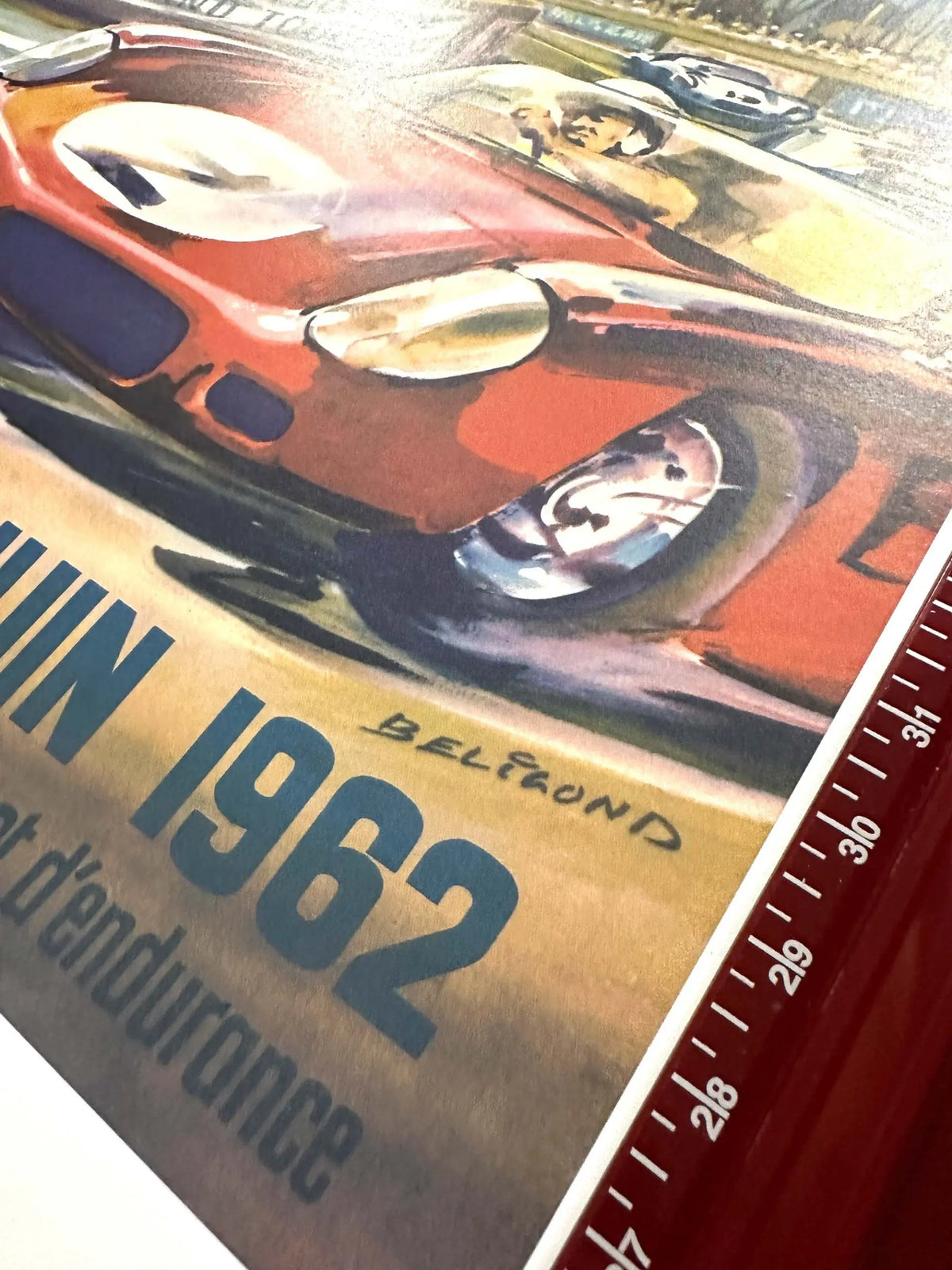 Vintage 1962 Le Mans Motorsport poster on linen by Poster France showcasing classic race cars and Le Mans race scene.
