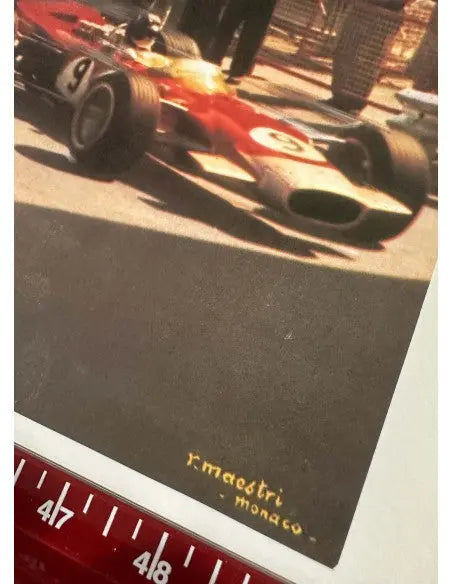 Vintage 1969 Monaco Grand Prix automobile poster by Maestri on linen, showcasing classic race car artwork.