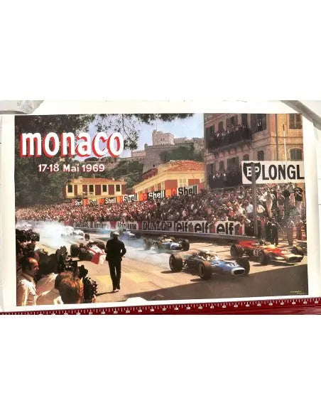 Vintage 1969 Monaco Grand Prix automobile poster by Maestri on linen, showcasing classic racing artwork.