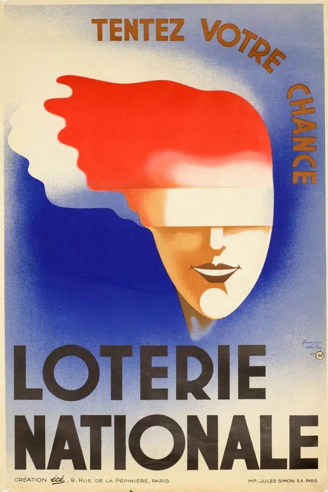 Original 1939 Loterie Nationale French lithograph poster by Francois Del Ry, vintage artwork featuring lottery imagery and bold colors.