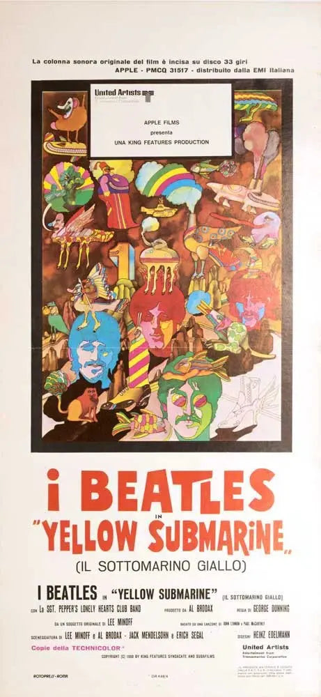 Original 1968 Beatles Yellow Submarine pop art poster on linen, featuring vibrant yellow submarine artwork by PosterFrance.