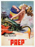 Vintage poster featuring Erasmo Ferrante Prep Skin Cream with an Italian mermaid illustration from the 1950s.