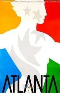 Original Primo Angeli Atlanta 1996 Olympics official poster on linen backing, featuring vibrant Olympic imagery and artwork.