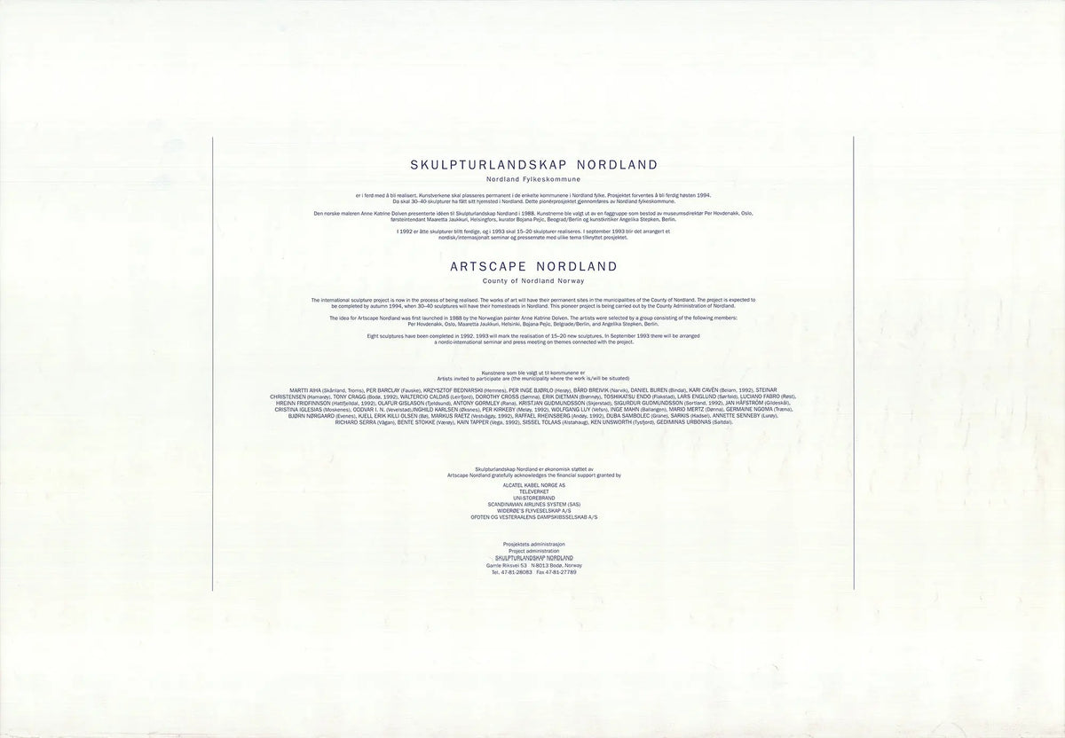 Offset lithograph poster of Markus Raetz's Skulpturlandskap Nordland 1991 exhibition artwork, featuring abstract sculpture landscape.