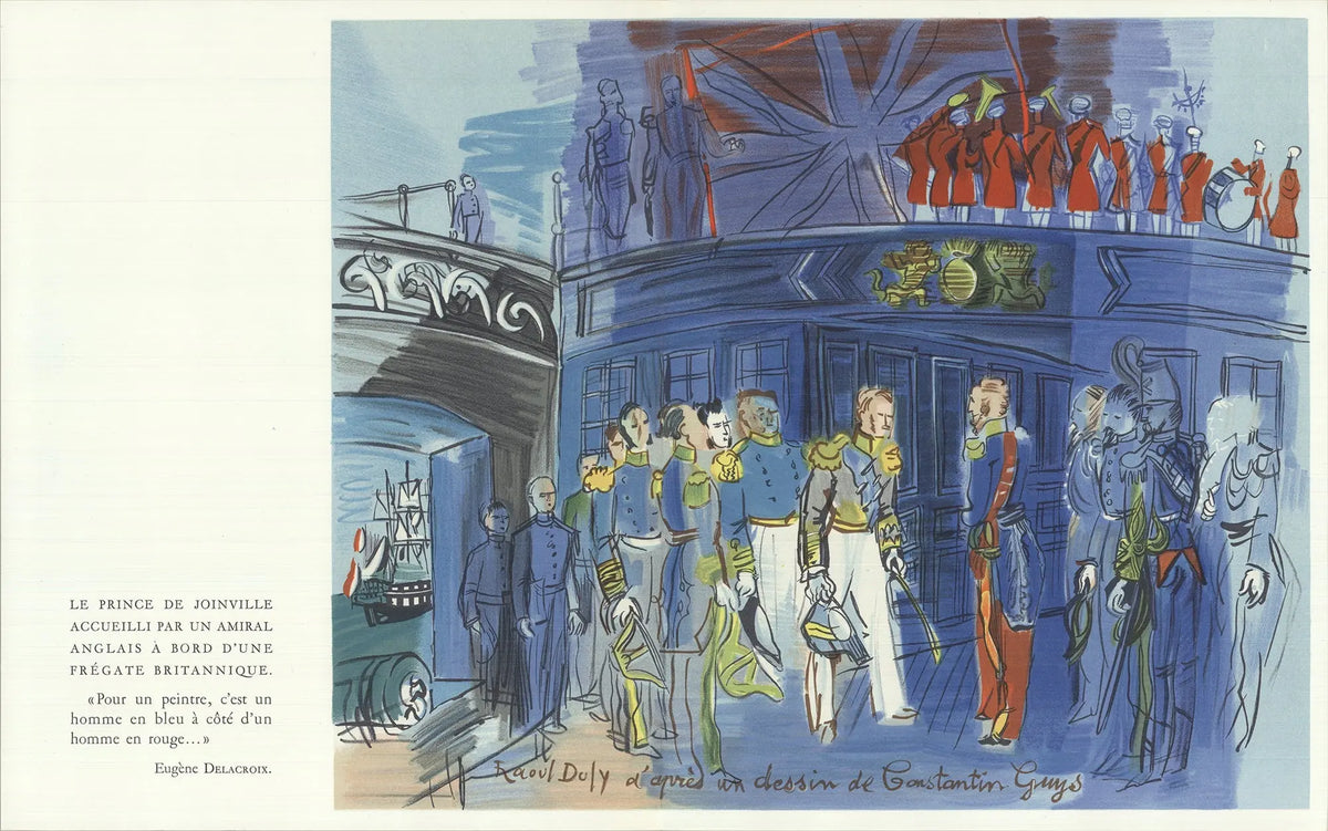 Vintage lithograph print of Raoul Dufy's Le Prince de Joinville, created in 1965, showcasing colorful art and intricate details.