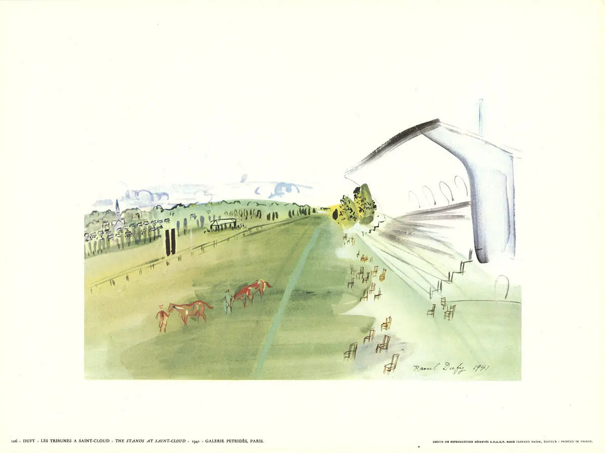 Raoul Dufy The Stands at Saint-Cloud impressionist offset lithograph art print showing vibrant cityscape and lively figures.