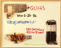 Signed framed offset lithograph poster of Robert Rauschenberg's "Gluts" 1986 artwork featuring bold, colorful abstract design.