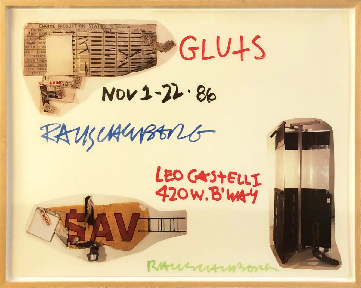 Signed framed offset lithograph poster of Robert Rauschenberg's "Gluts" 1986 artwork featuring bold, colorful abstract design.