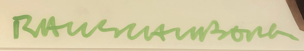 Signed framed offset lithograph poster of Robert Rauschenberg's "Gluts" 1986 artwork, featuring vibrant abstract imagery.