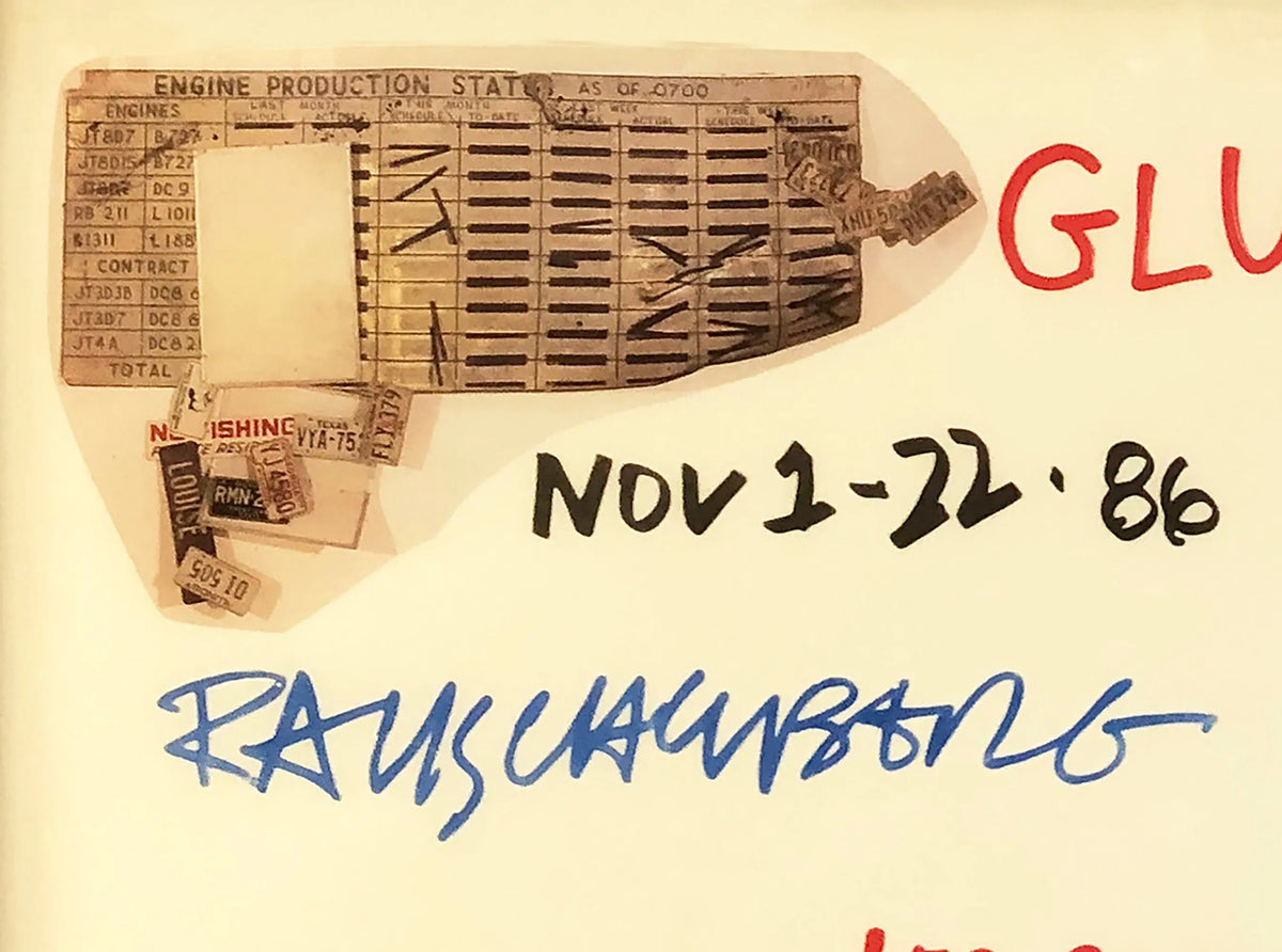 Signed framed offset lithograph poster of Robert Rauschenberg's "Gluts" from 1986, showcasing vibrant abstract art.
