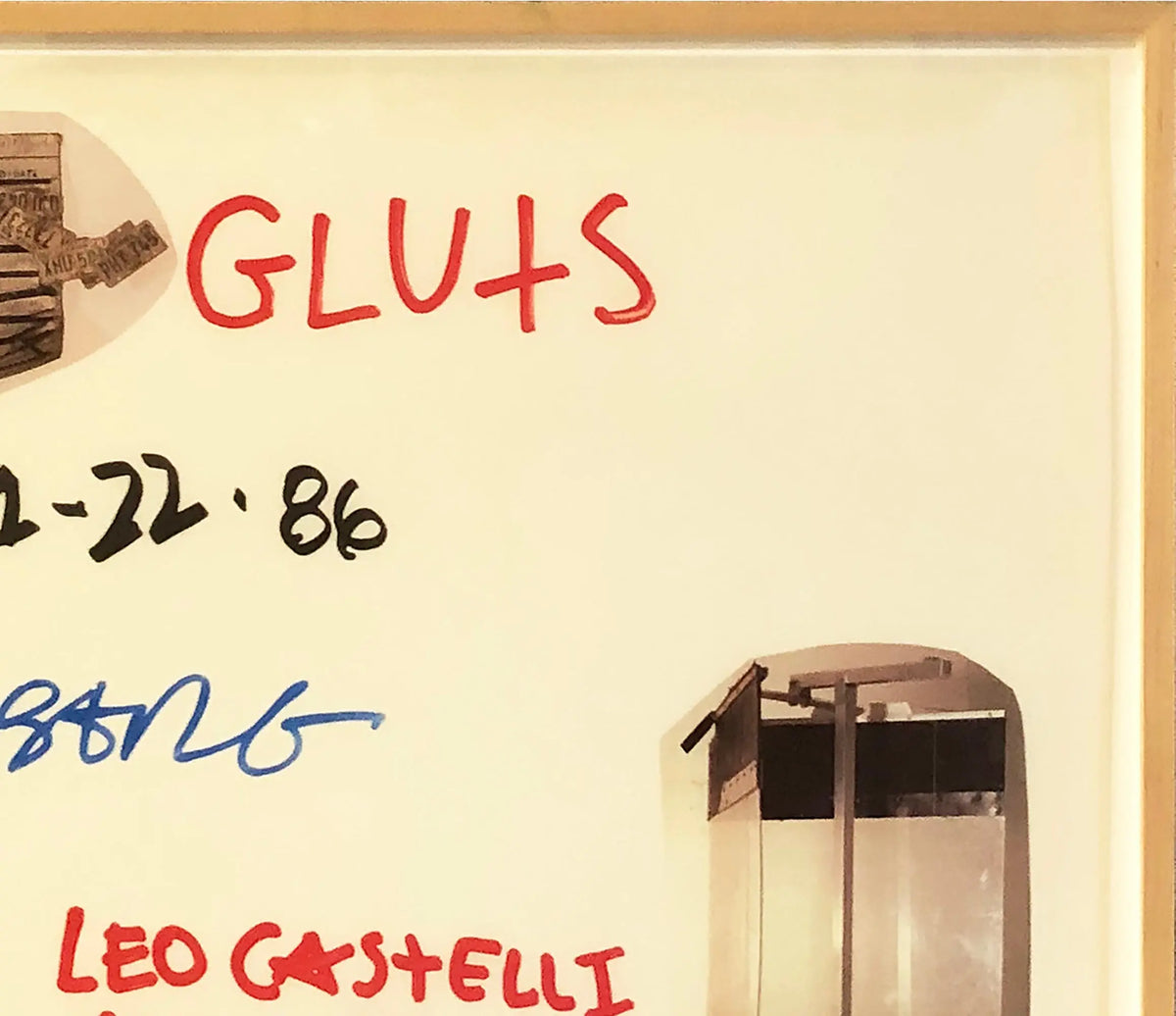 Signed framed offset lithograph poster of Robert Rauschenberg's "Gluts" 1986 artwork featuring bold abstract imagery.