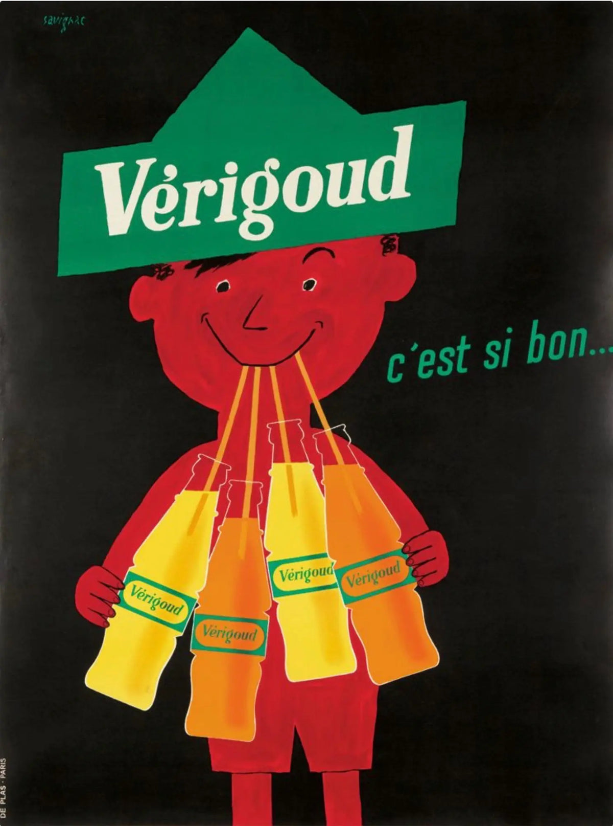 Original 1955 Raymond Savignac Verigoud French beverage lithograph poster featuring colorful vintage illustration and bold typography.