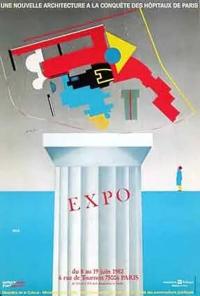 Original 1982 Razzia Hospitaux Paris architecture exhibition serigraph poster showcasing vintage hospital building design.