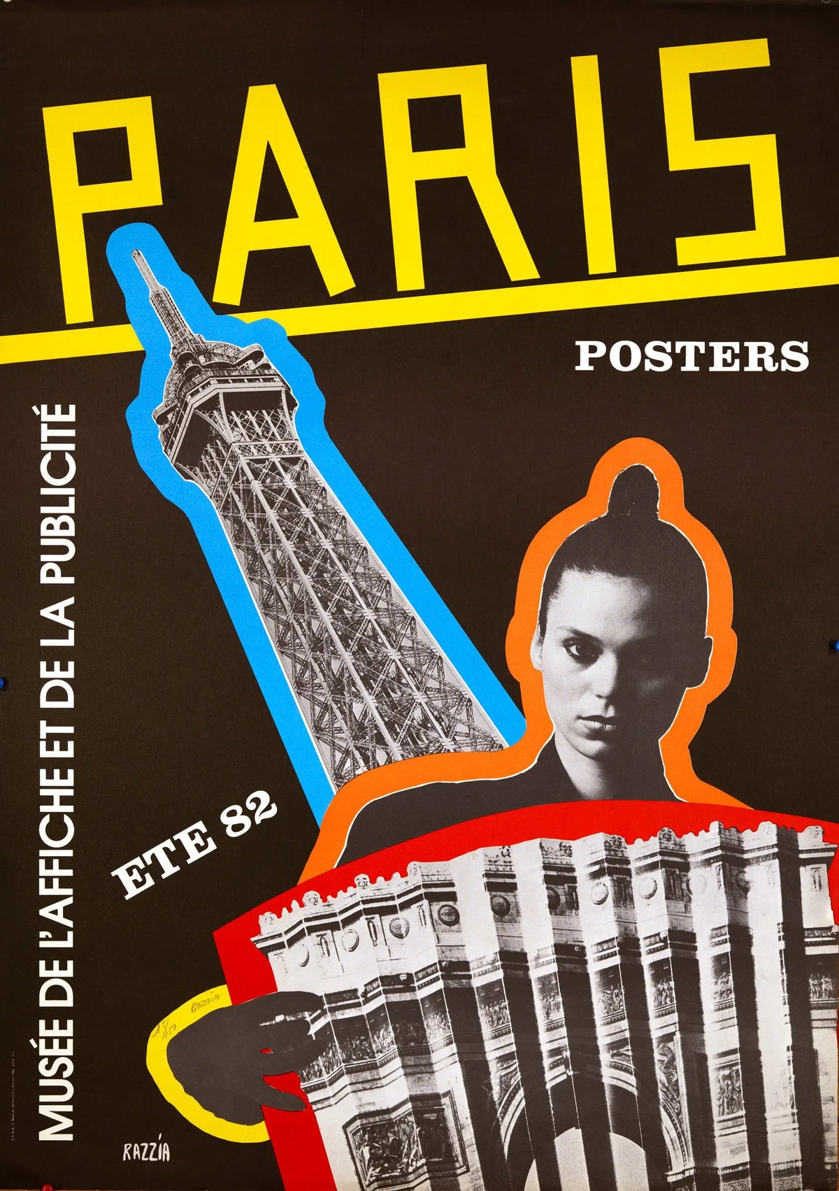 Original 1982 Razzia Paris posters featuring serigraph art from Musee de l’Affiche, showcasing vintage Parisian poster design
